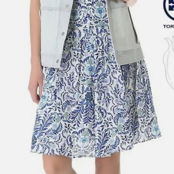 Tory Burch Skirt Kyra Linen and Silk Blend Skirt Blue Floral - Picture 5 of 8